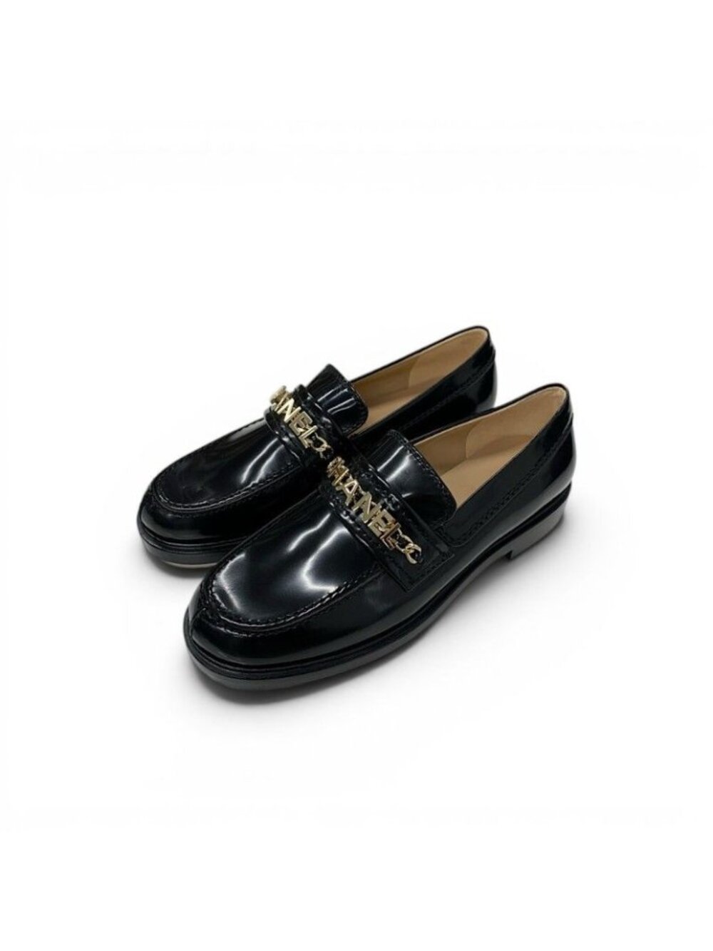 Chanel Loafers Leather Shoes Patent Black Gold Logo CC Chain